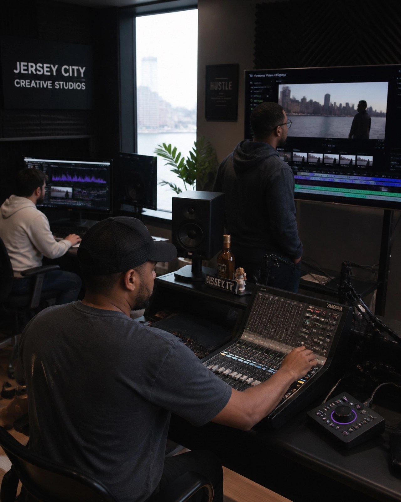 A media production team in Jersey City using AI tools to edit music content