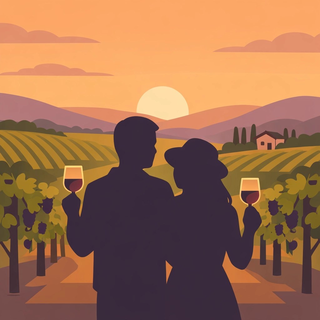 Couple enjoying wine tasting at Northern Virginia vineyard during golden hour sunset