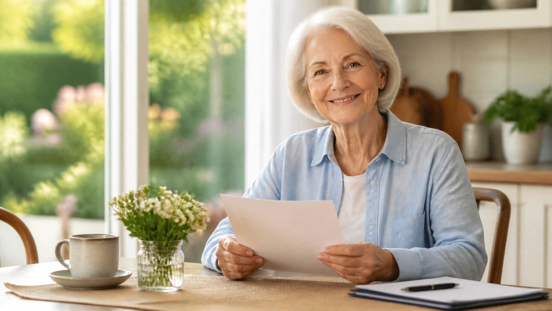 A relieved senior woman looking at her final expense plan documents with peace of mind