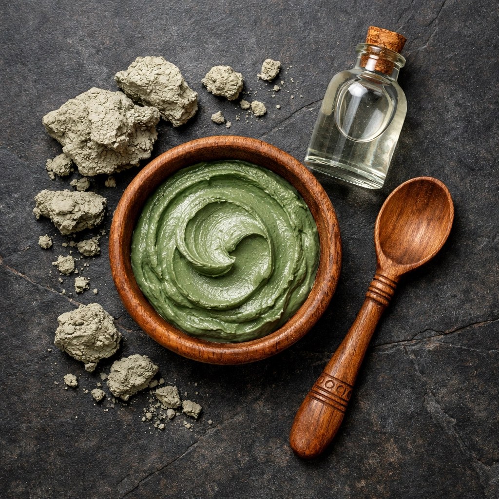 A wooden bowl filled with a smooth green clay mask paste and a stirring spoon for an armpit detox treatment.