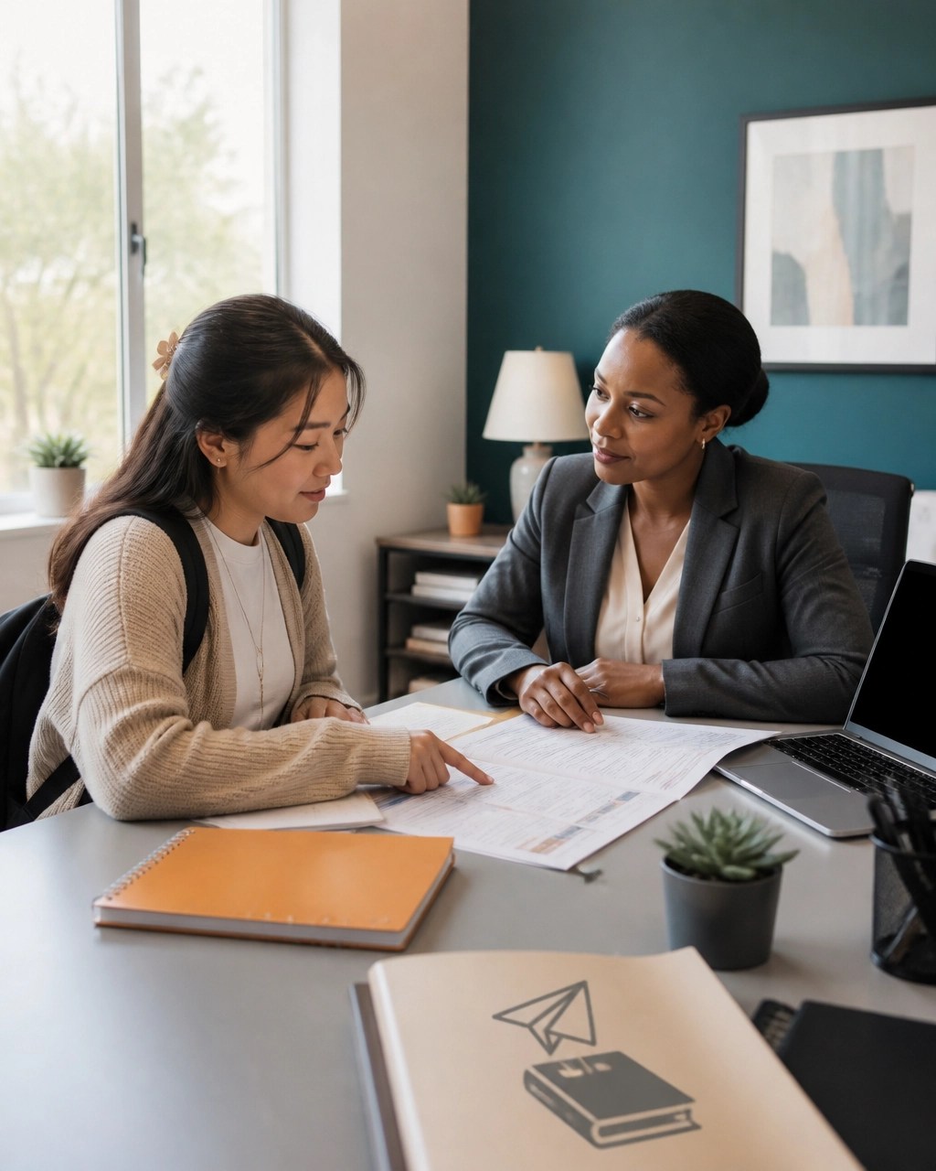 A college student meeting with an academic advisor while reviewing a degree map and calendar