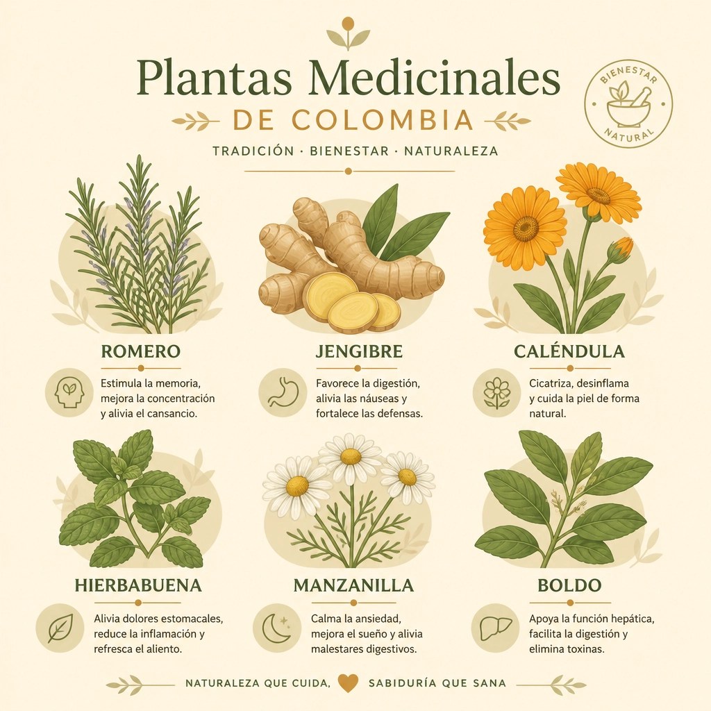 Ilustración botánica de hierbas medicinales colombianas con un enfoque minimalista y equilibrado
