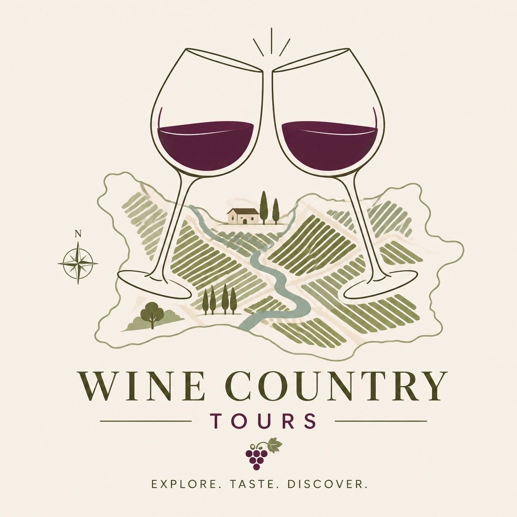 A minimalist flat illustration of wine glasses clinking over a stylized vineyard map