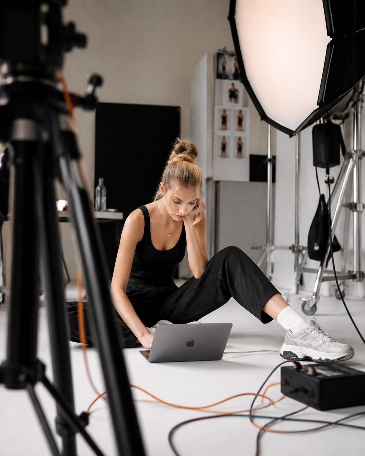 A fashion model sitting on the floor of a studio, reviewing photos on a laptop amidst cables and lights.