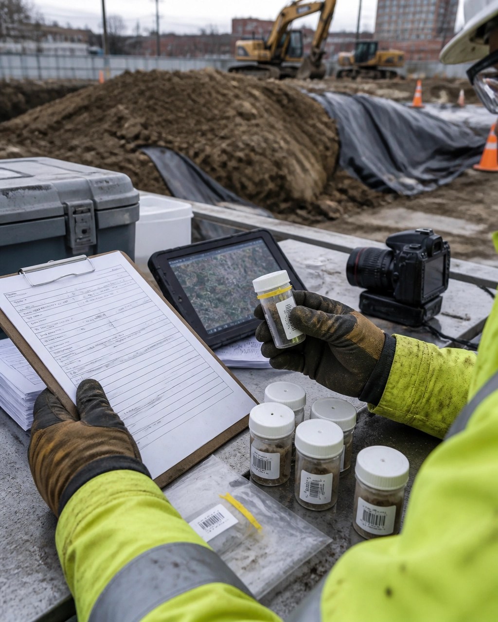 Environmental field documentation with chain-of-custody records, sample vials, and remediation verification equipment