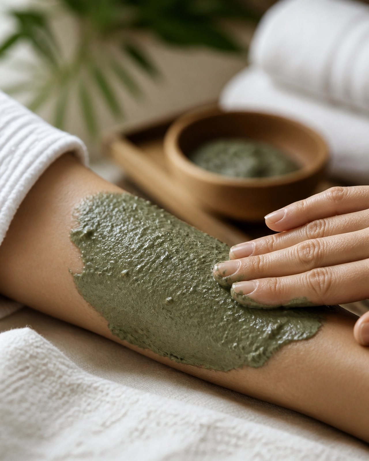 Textured green clay being applied to an arm