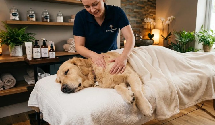 A golden retriever receives a relaxing massage from a certified pet professional in a calming, spa-like environment. Specialty wellness services like this are a booming part of the pet industry in 2026.