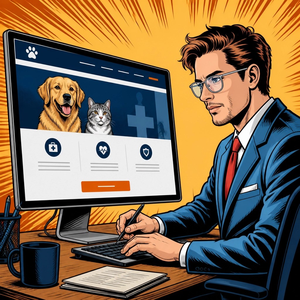 A web designer working on a veterinary website layout with a clear call to action button