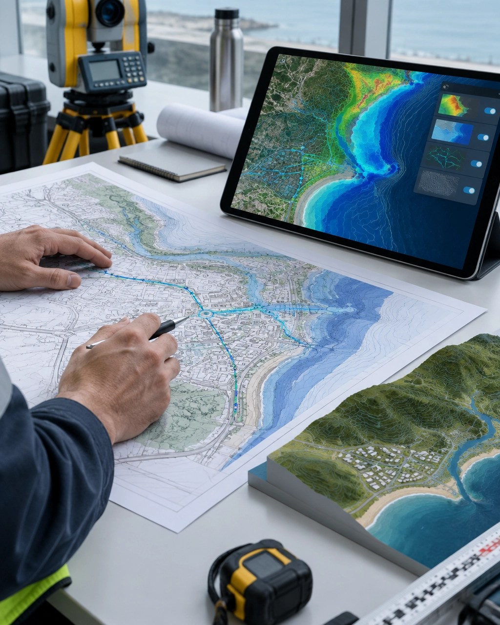 Civil engineer reviewing GIS flood hazard layers, stormwater alignments, and coastal elevation contours