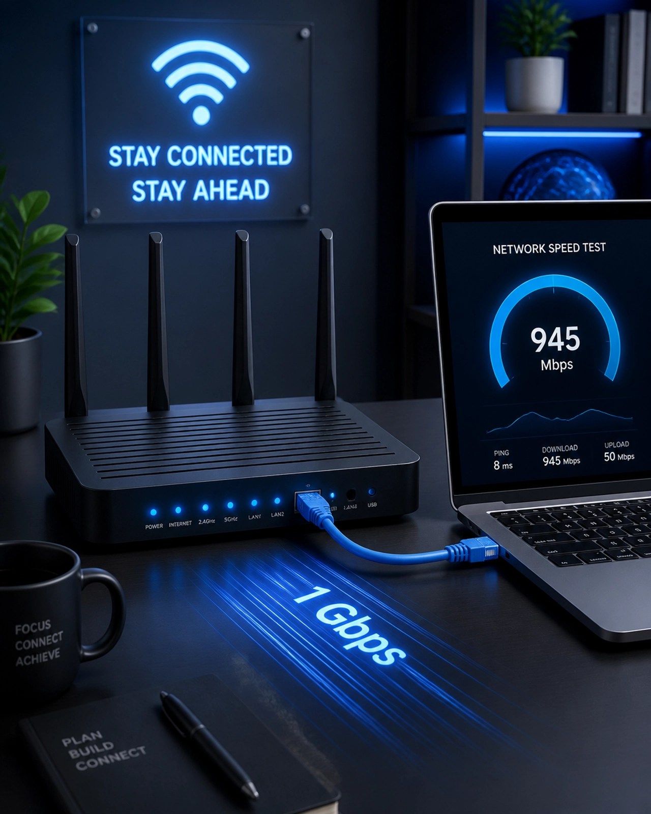 A 3D digital illustration of a professional workstation with a high-speed networking router and an Ethernet cable connected to a laptop.