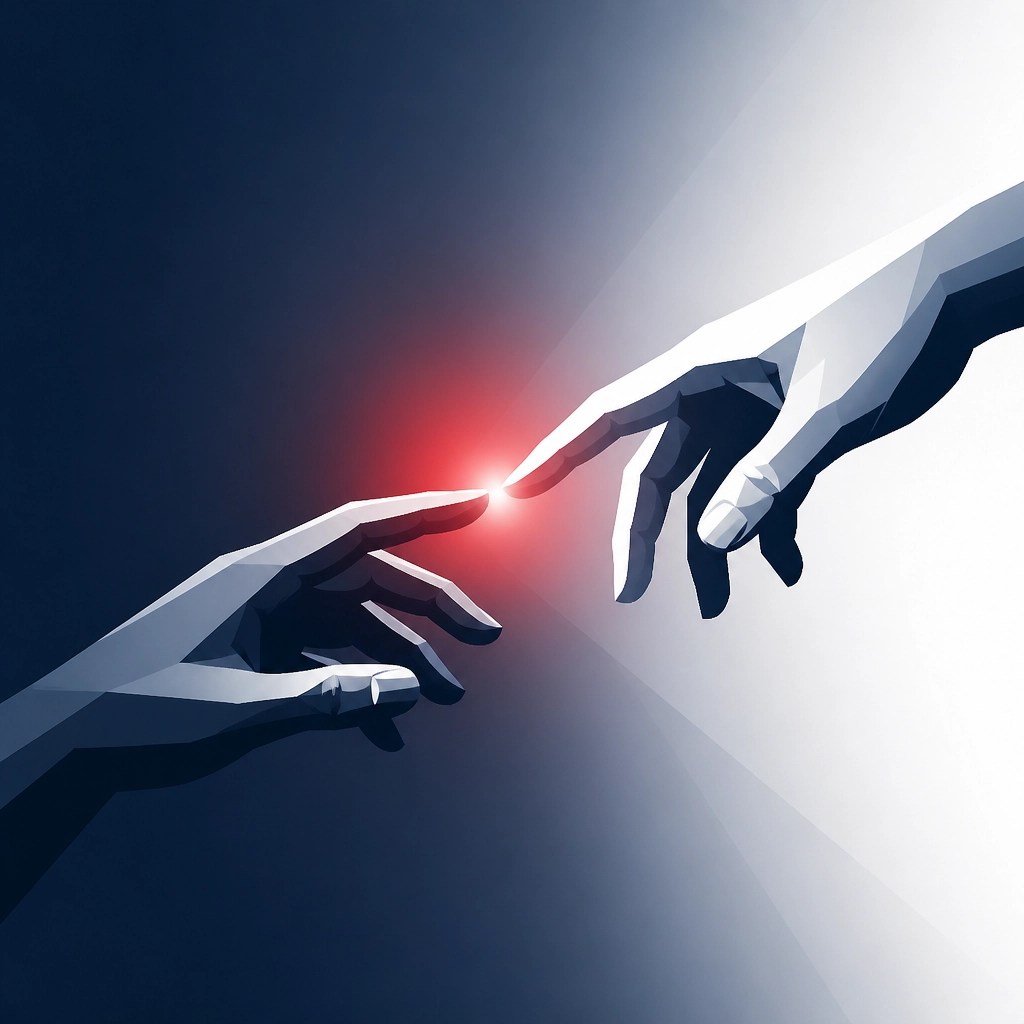 Minimalistic illustration of two hands reaching toward each other in a gesture of rescue and support.