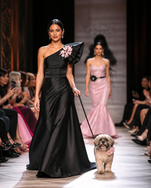 A female model walks a charity-focused runway beside a small dog in a couture-inspired accessory