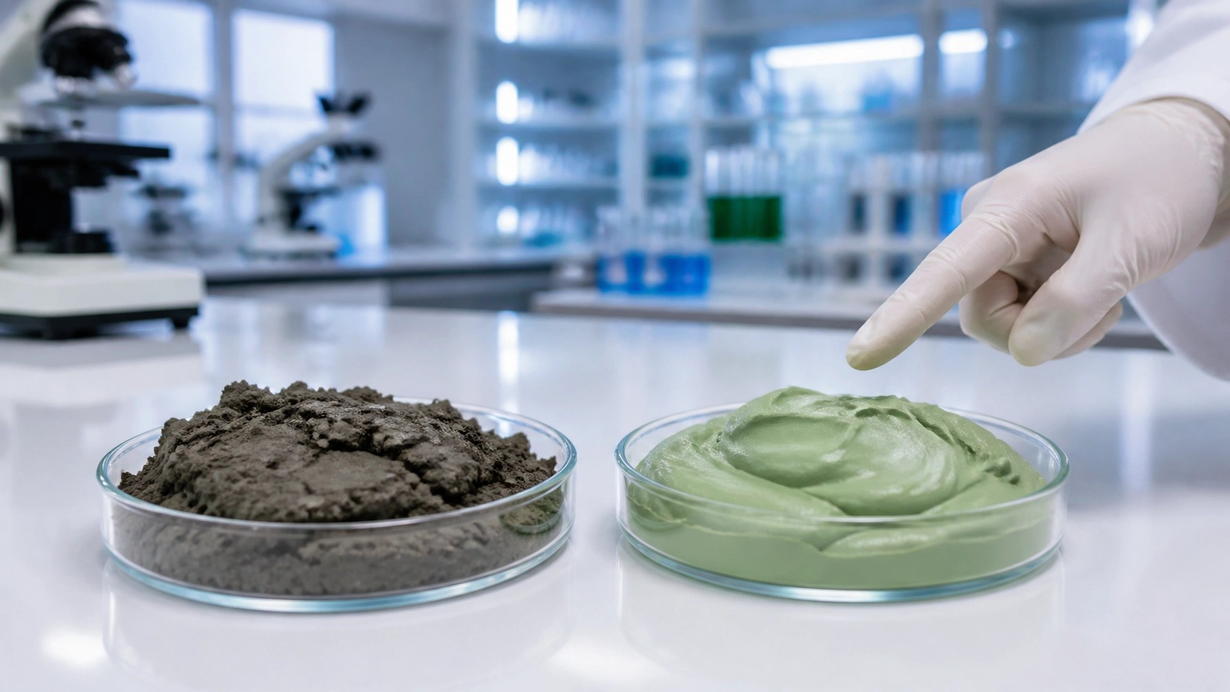 Laboratory comparison of impure dark clay vs. pure vibrant green clay