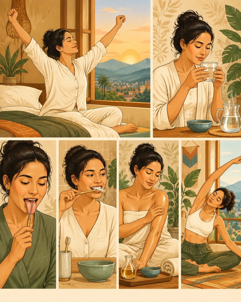 Ilustración de una rutina matutina ayurvédica con agua tibia, higiene, automasaje y movimiento consciente