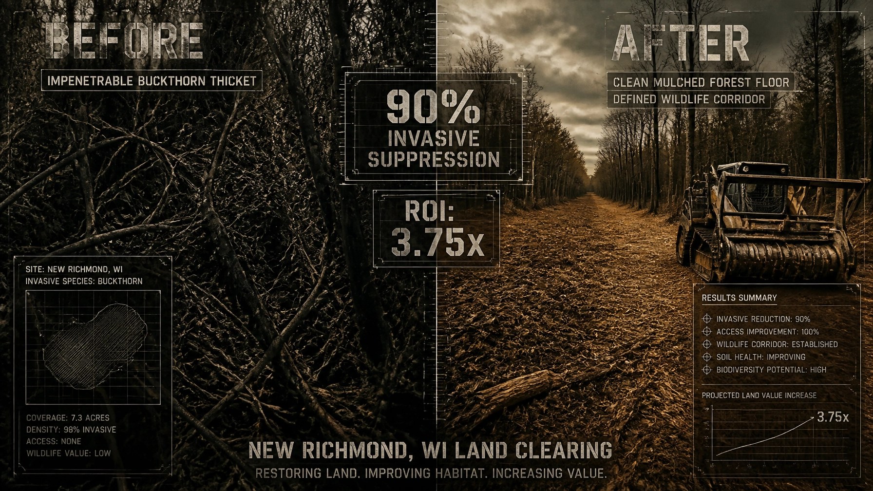 Split-screen showing the dramatic transformation from an impenetrable thicket to a cleanly mulched forest floor with CAD overlays showing 90% invasive suppression.