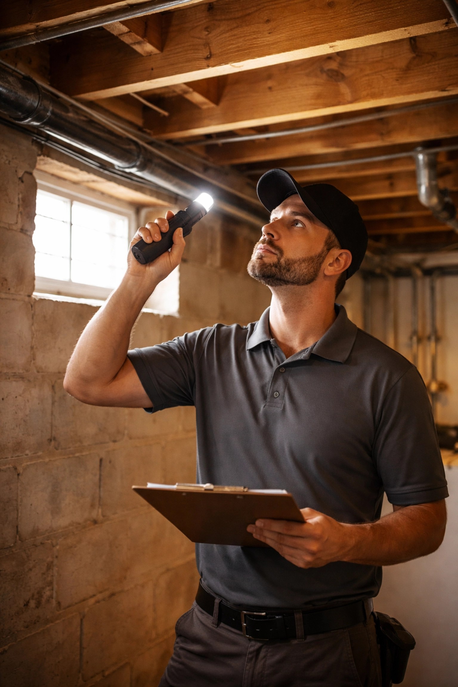 Home inspector uses flashlight to examine dimly lit basement beams and foundations during NJ home inspection