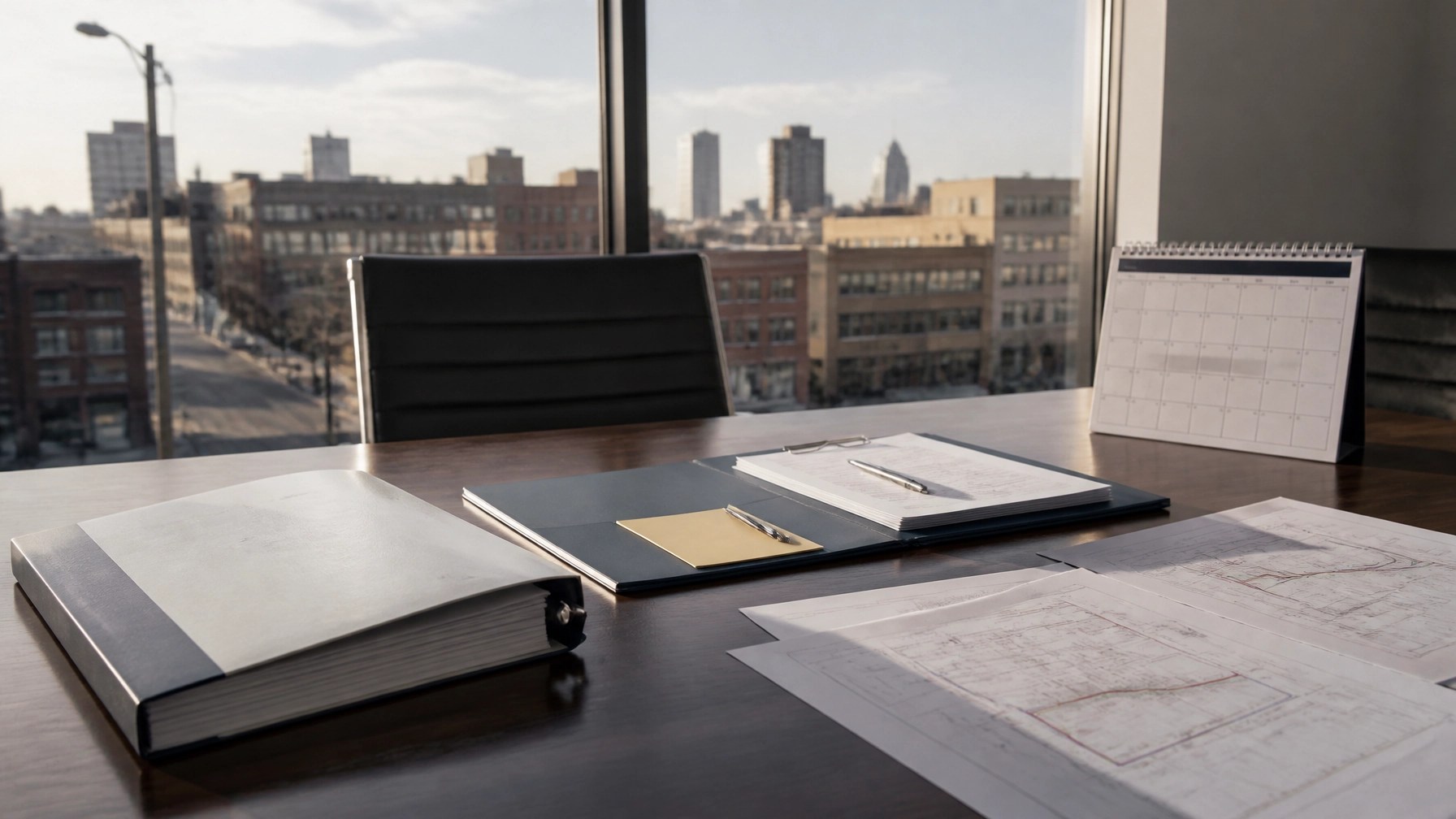 Decision-ready environmental due diligence report and lender review folder on a commercial transaction table with an understated Newark or Jersey City streetscape in the background