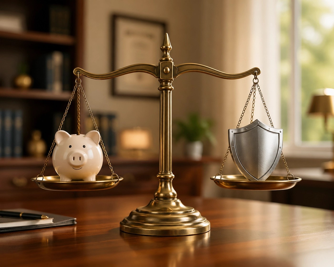 Brass scales balancing a piggy bank and shield, illustrating affordable final expense insurance protection.