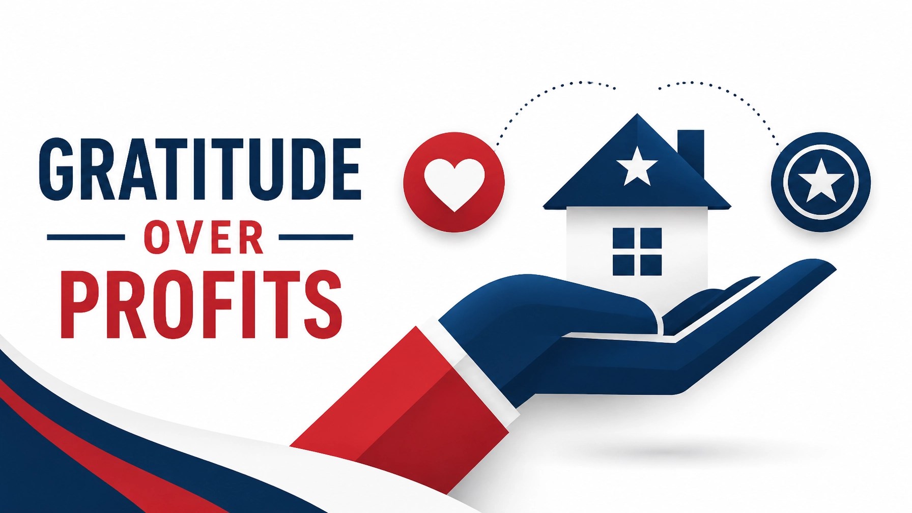 Geometric illustration representing gratitude over profits with a home icon and balanced mission symbols