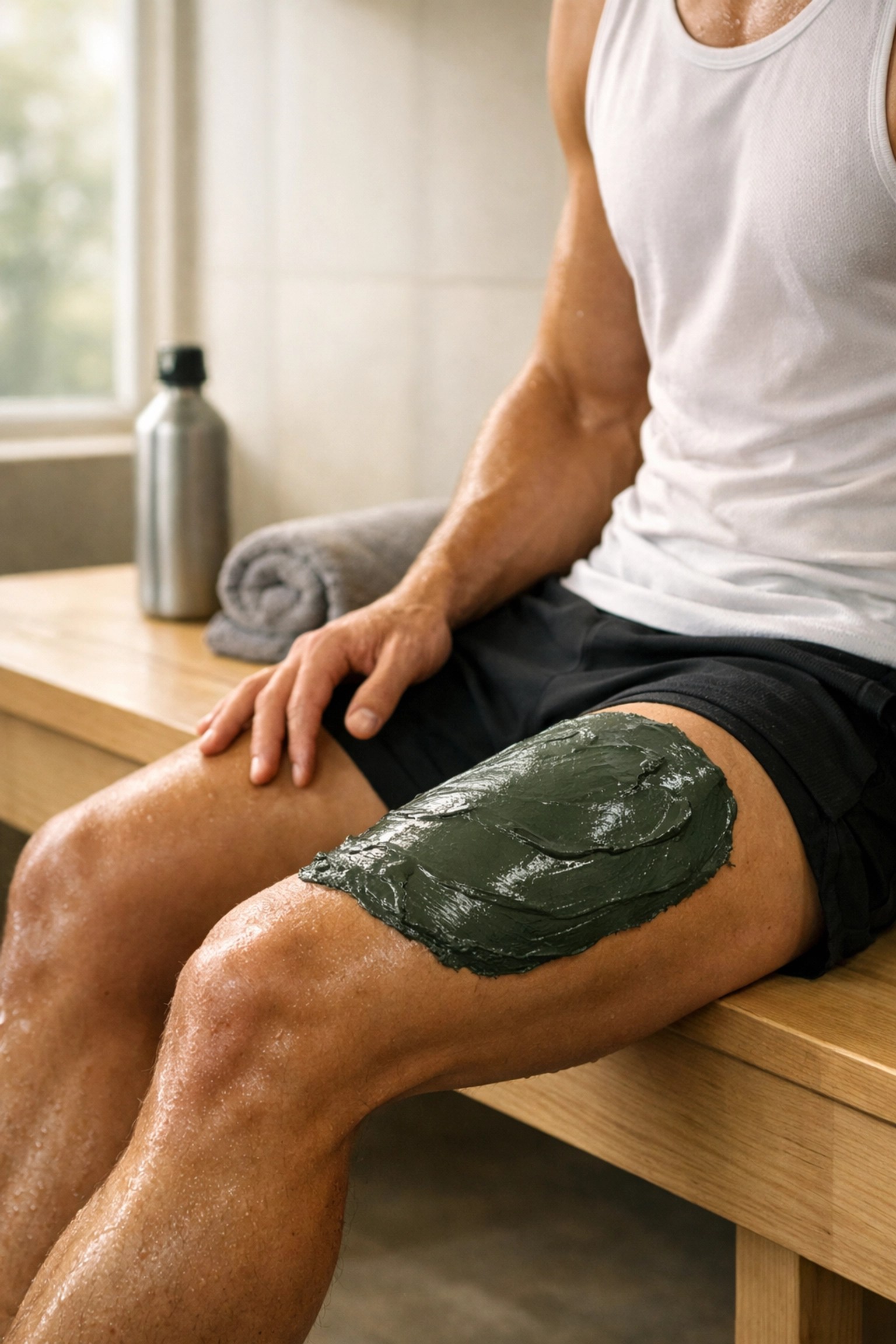 Athlete using a green clay poultice on their leg for post-game muscle inflammation recovery.