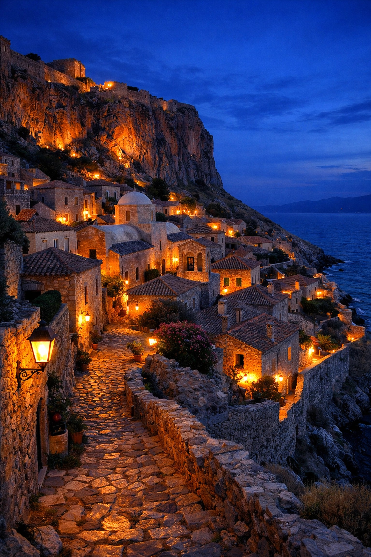 Medieval Byzantine fortress town Monemvasia Greece at twilight with stone pathways