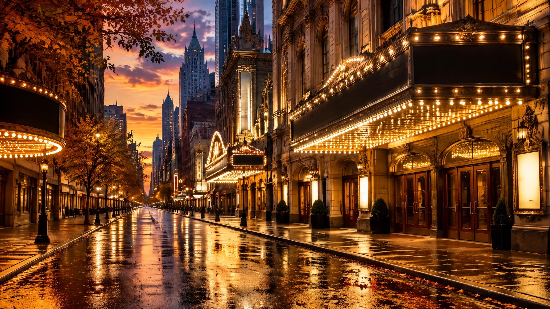 Empty Broadway theater district street glowing at autumn dusk
