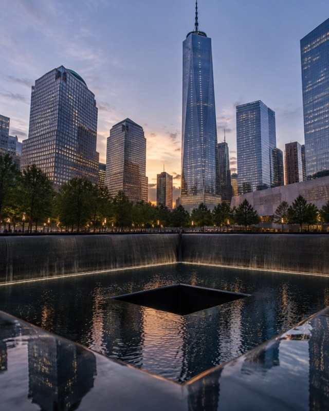 Visitors seen from a distance at a memorial reflecting pool at dusk