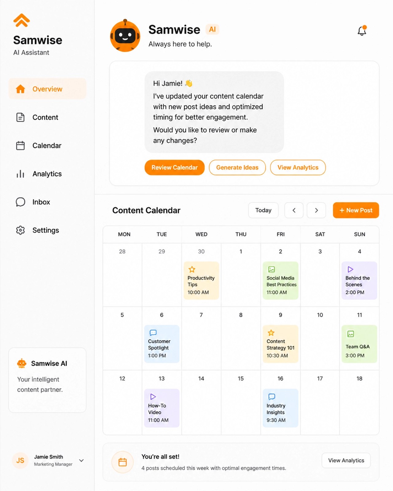 A sleek digital interface showing Samwise AI managing a content calendar