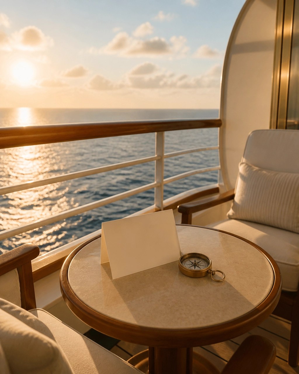 Cruise balcony with a blank itinerary card, brass compass, and glowing ocean horizon