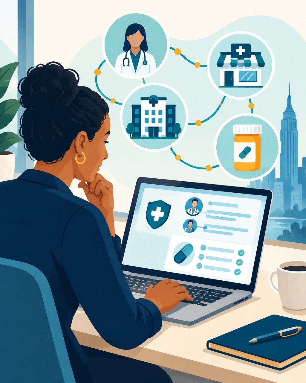 Employee checking a health insurance provider network and prescription information online