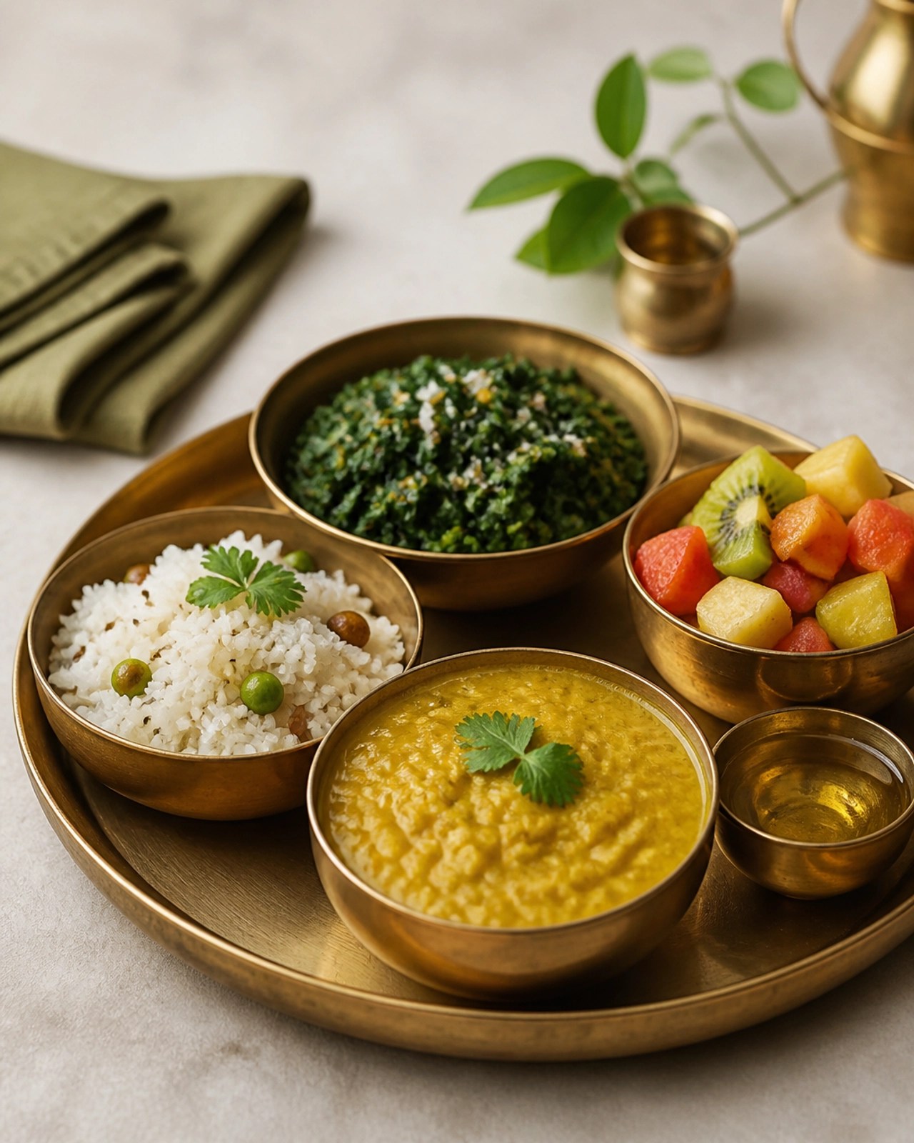 A sophisticated Ayurvedic thali featuring balanced portions of spiced rice, dhal, and greens, highlighting the importance of nutritional harmony.