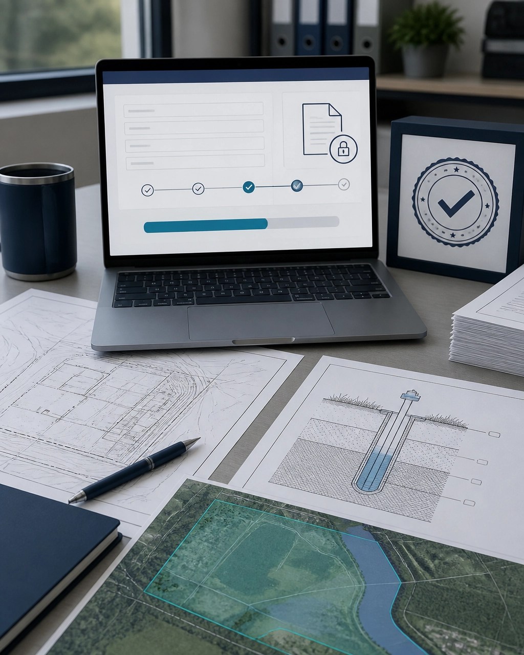 Electronic regulatory submission workflow with abstract form fields, site plans, GIS data, and approval checkpoints