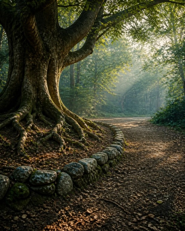 An old tree with strong exposed roots beside a quiet forest path in soft gold and blue-gray mist