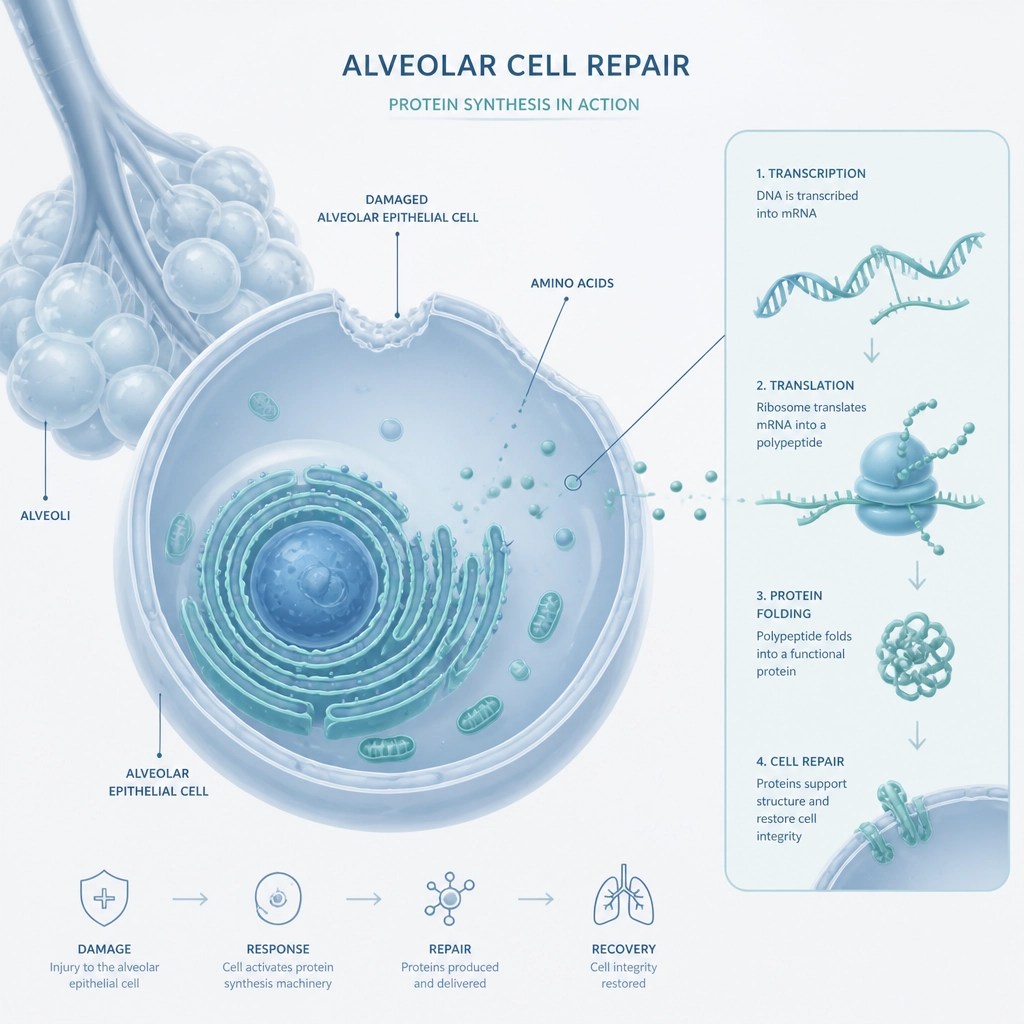 Microscopic view of lung cell repair and protein synthesis