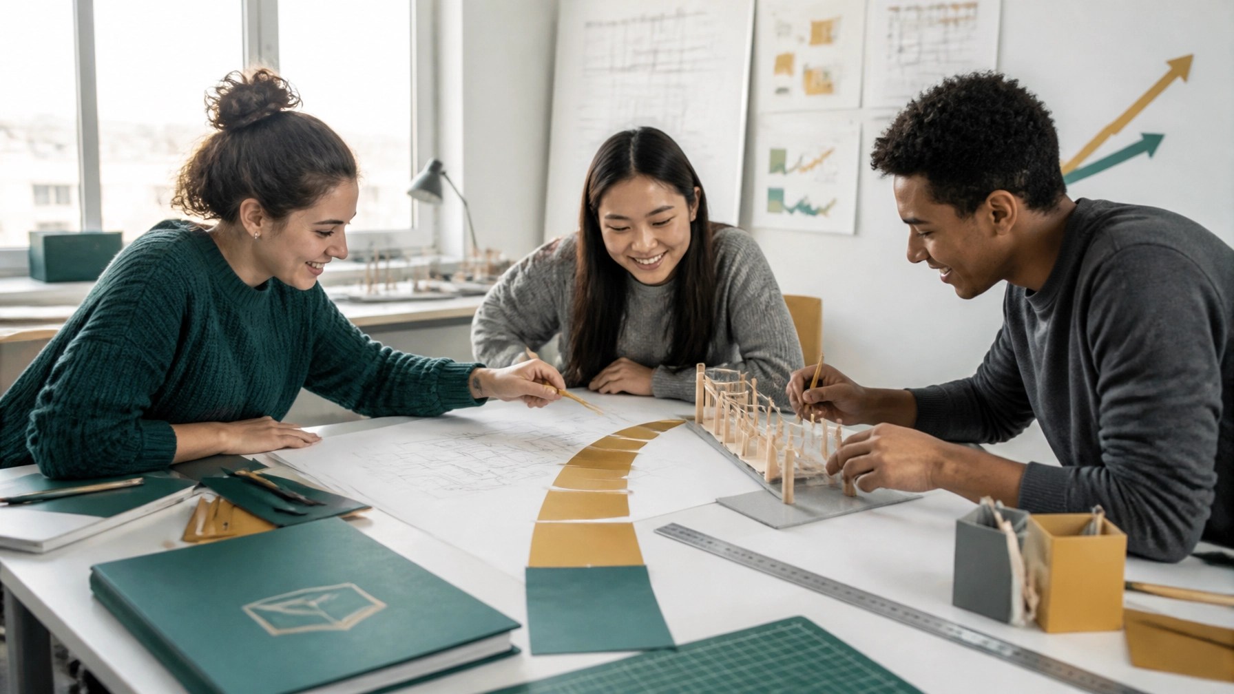 A diverse college student collaborating with peers on a hands on community project using printed plans, poster boards, and a physical prototype