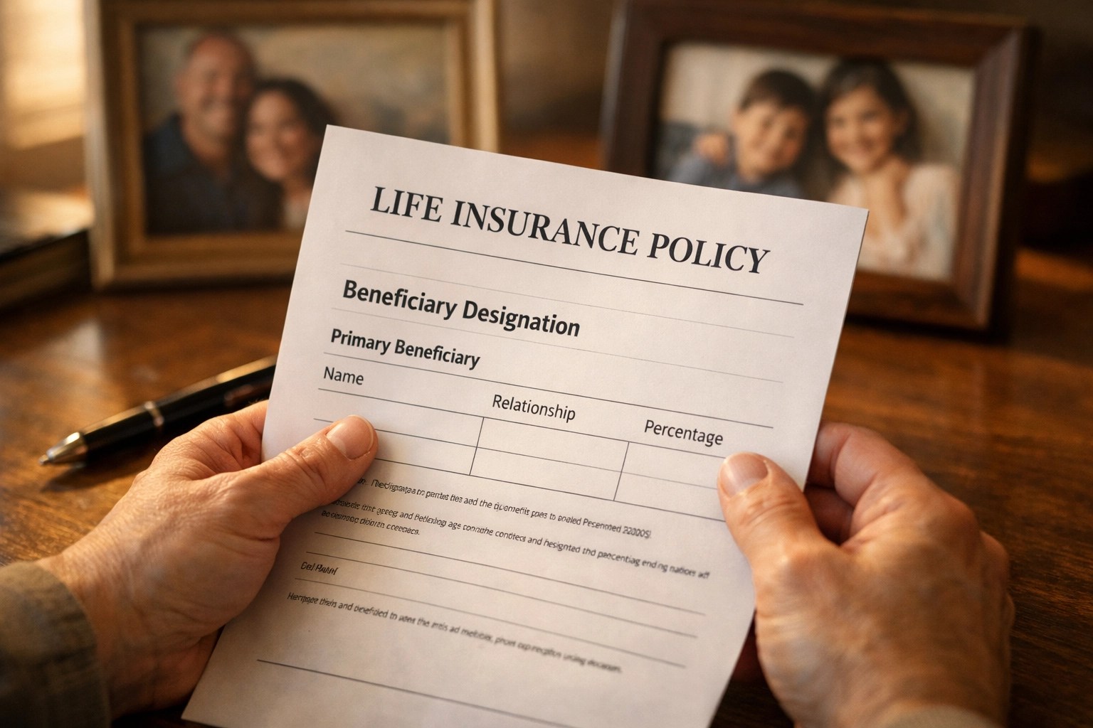 Hands reviewing life insurance beneficiary designation form with wedding ring visible