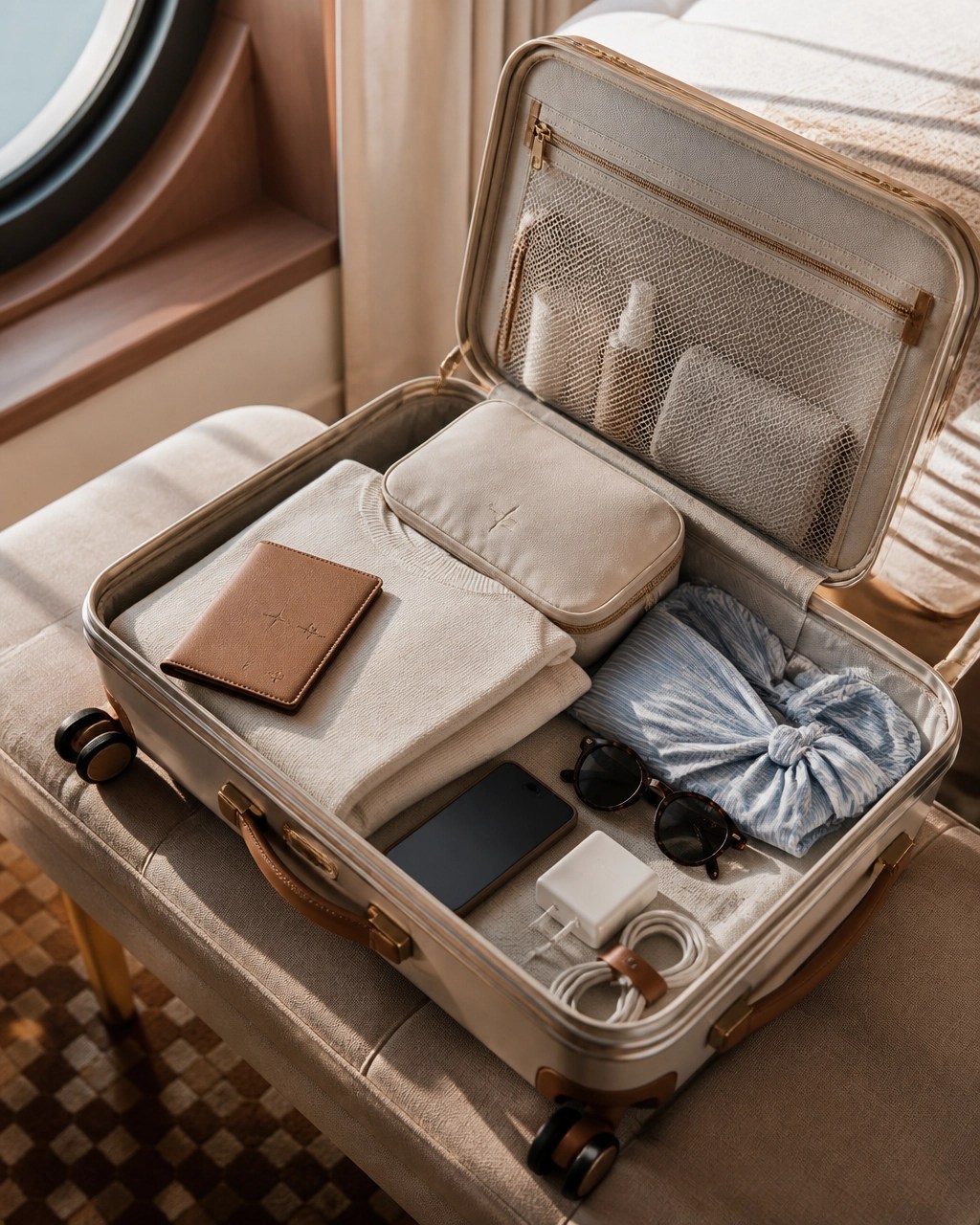 Neatly organized cruise embarkation carry-on with travel essentials
