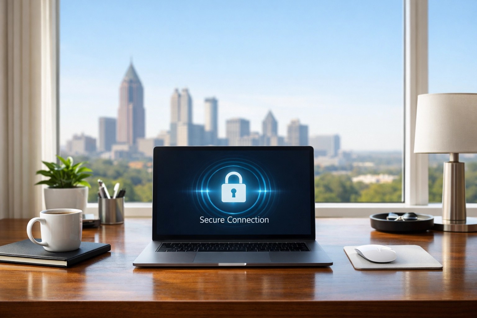 Secure remote work setup with Atlanta skyline, highlighting hybrid workforce risk and business insurance needs