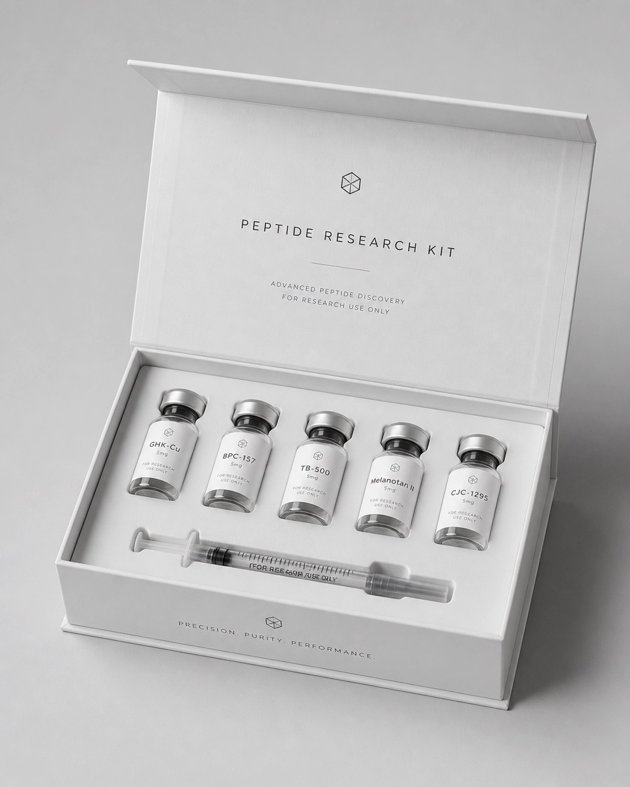 Clinical peptide research kit representing scientific luxury