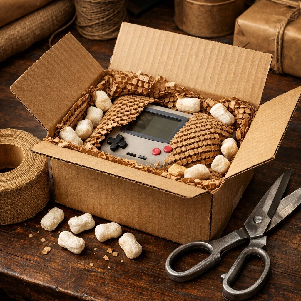 Packing a vintage console with recycled honeycomb paper and fiber tape for secure, eco-friendly electronics shipping.