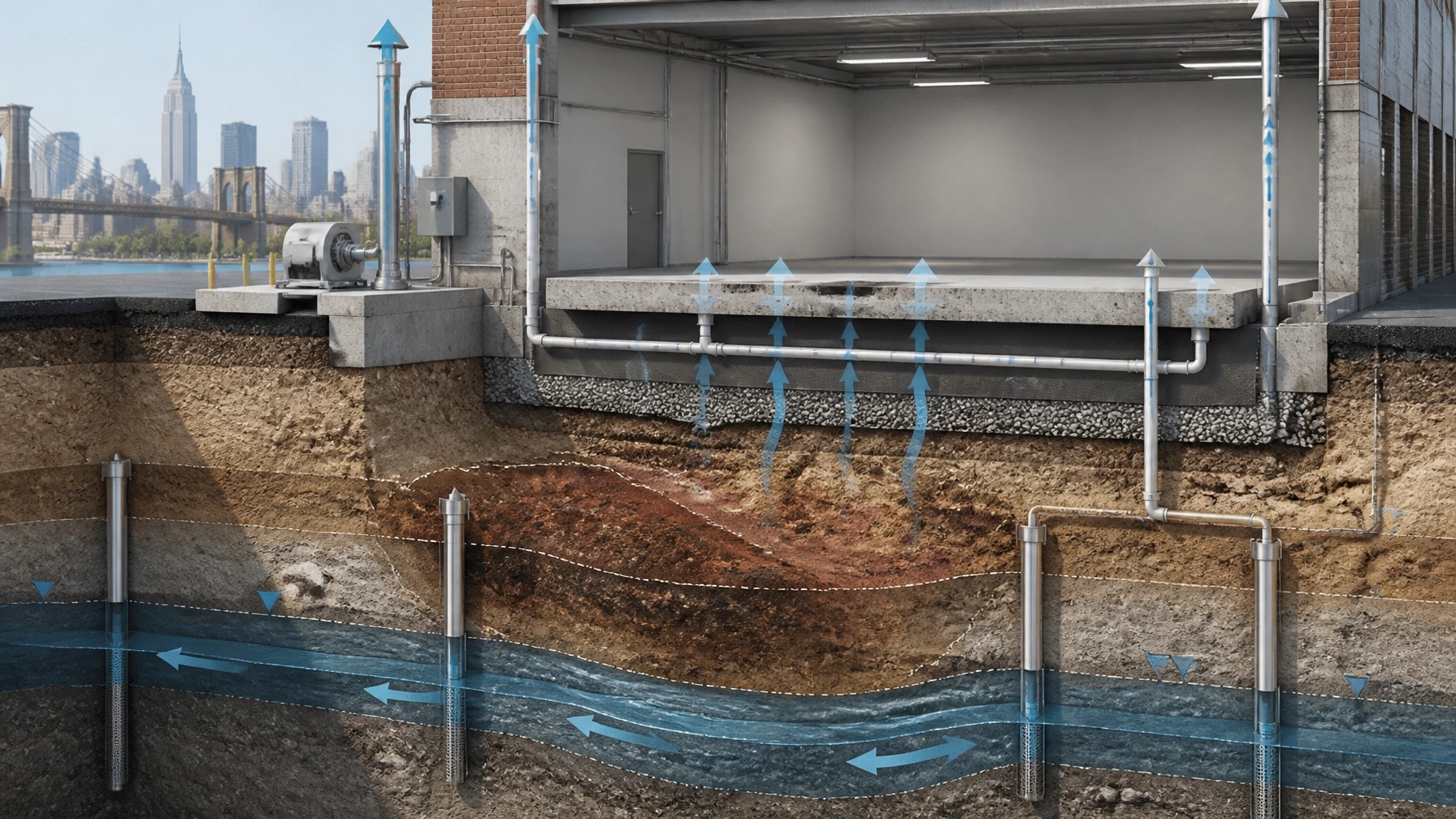 Technical cutaway of a sub-slab vapor mitigation system beneath an NYC building