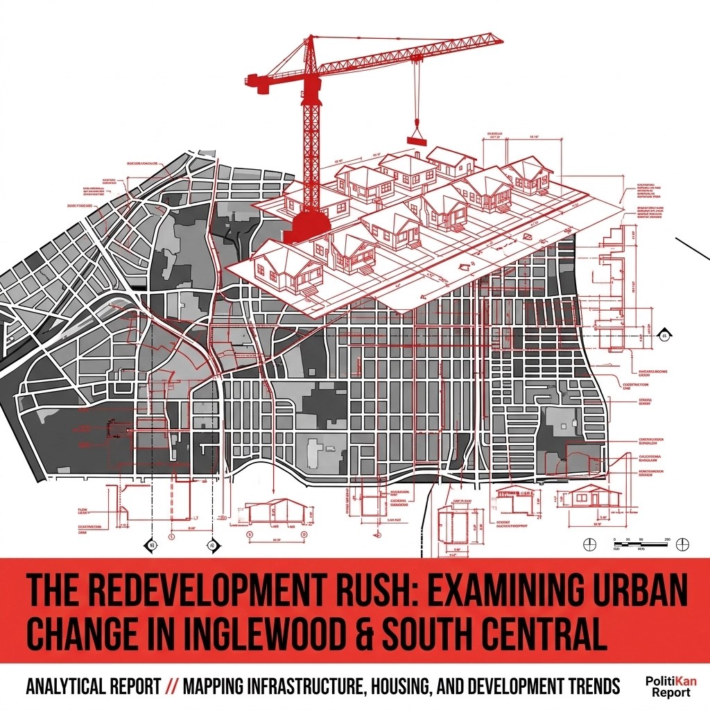 Graphic map of Inglewood and South Central showing construction cranes and urban housing development.