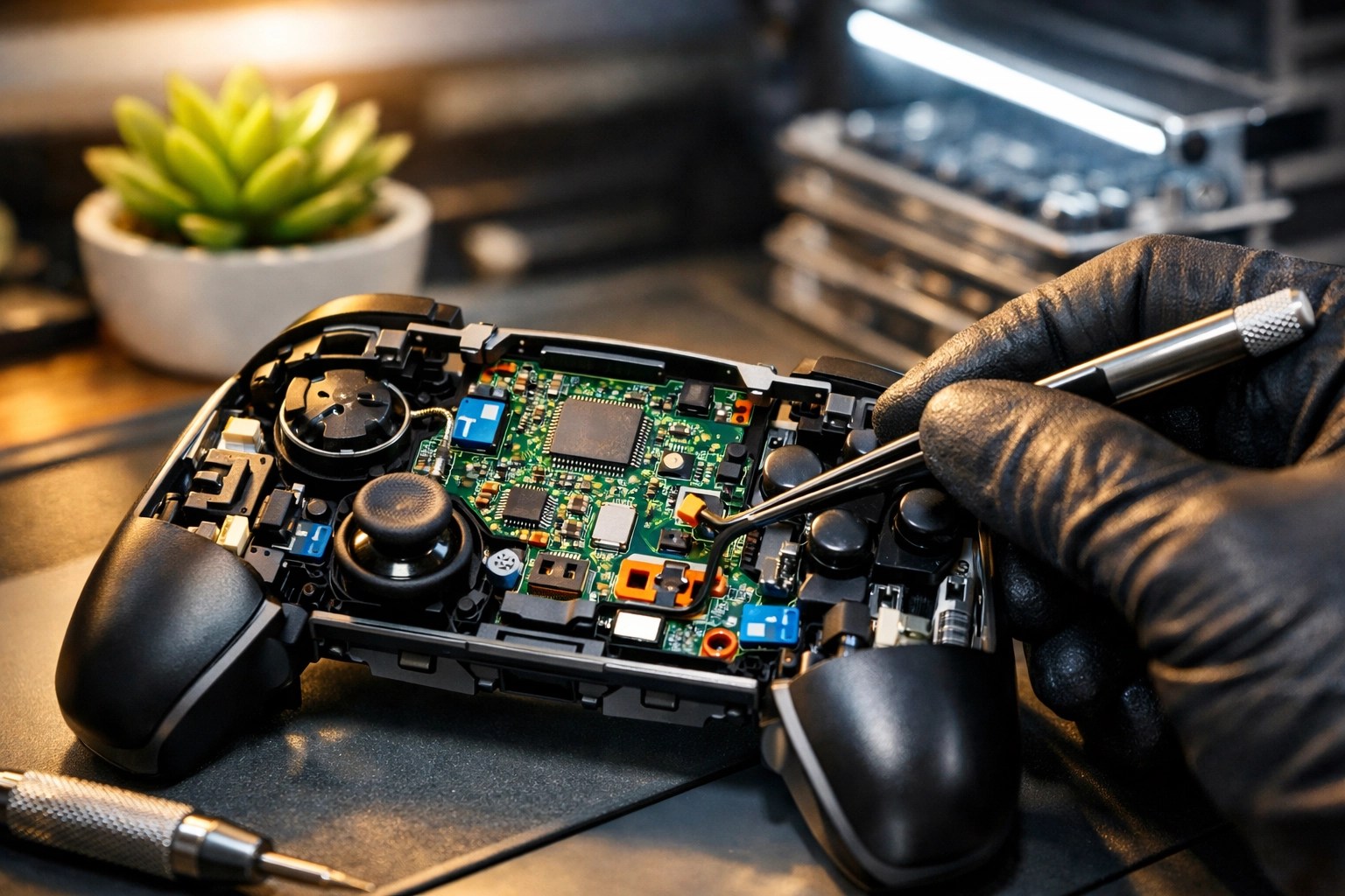 Professional game controller repair showing internal components to fix stick drift and reduce electronic waste.