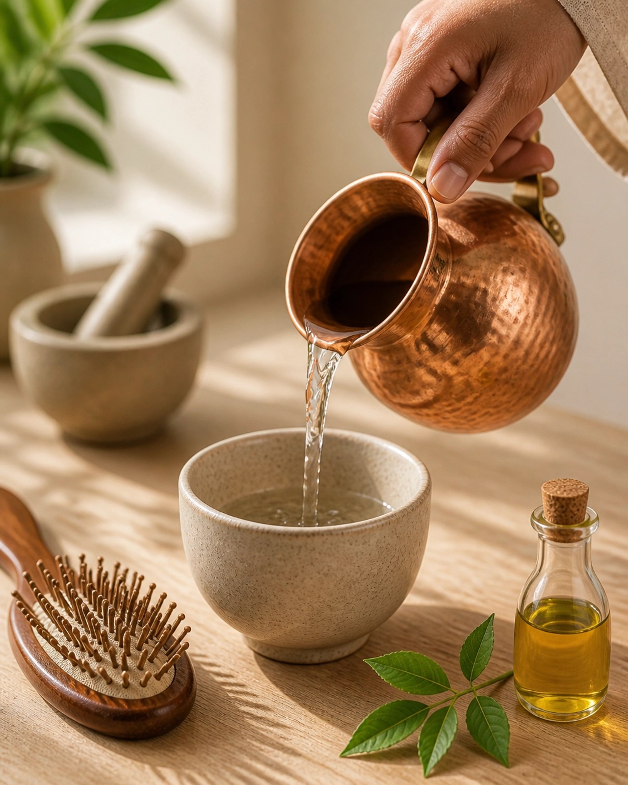 A serene photograph depicting a morning Ayurvedic ritual where warm water is poured from a copper vessel, symbolizing the initiation of a daily routine for clarity and purification.