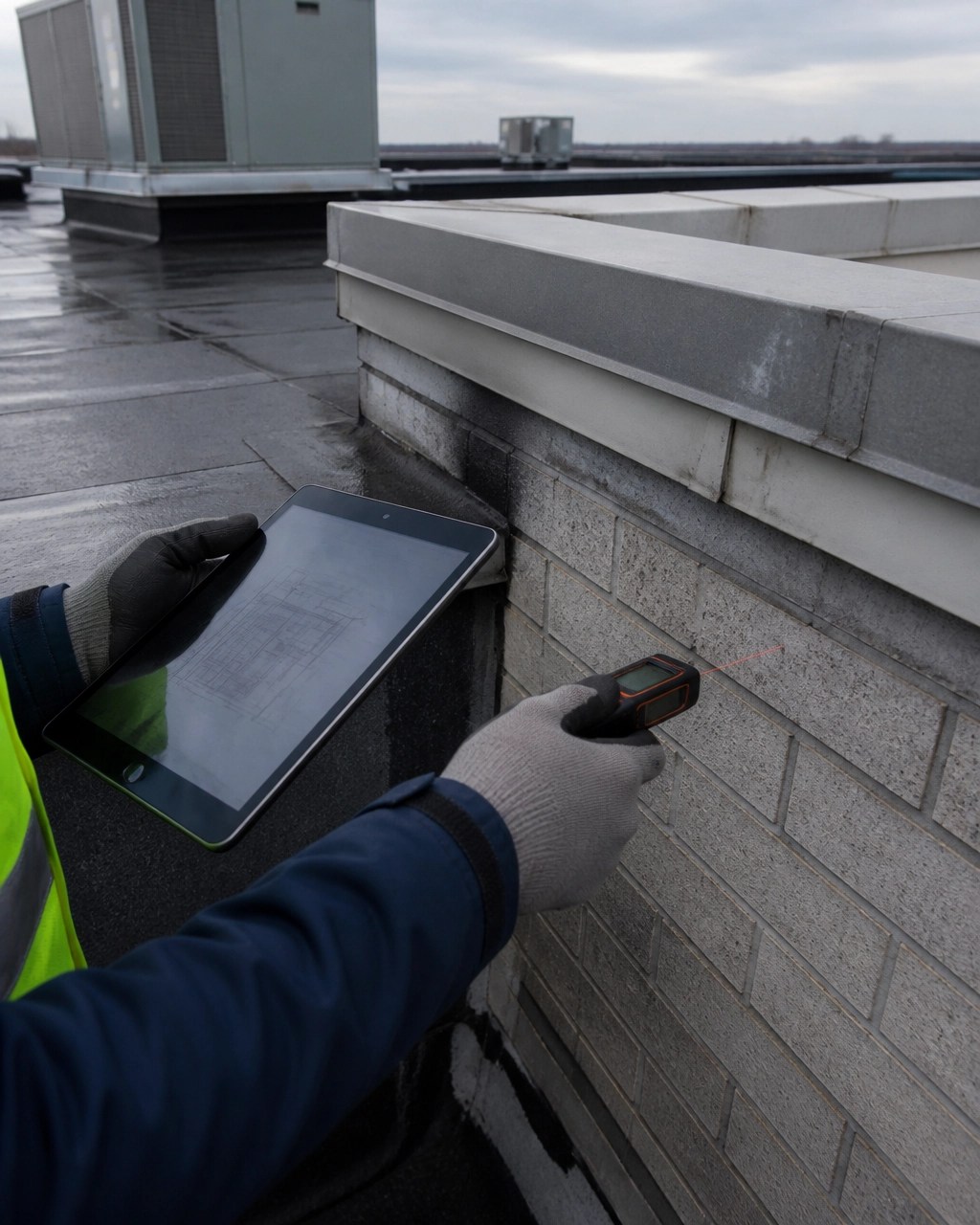 Technical roof and building envelope inspection showing membrane seams, flashing, parapet coping, and rooftop HVAC equipment