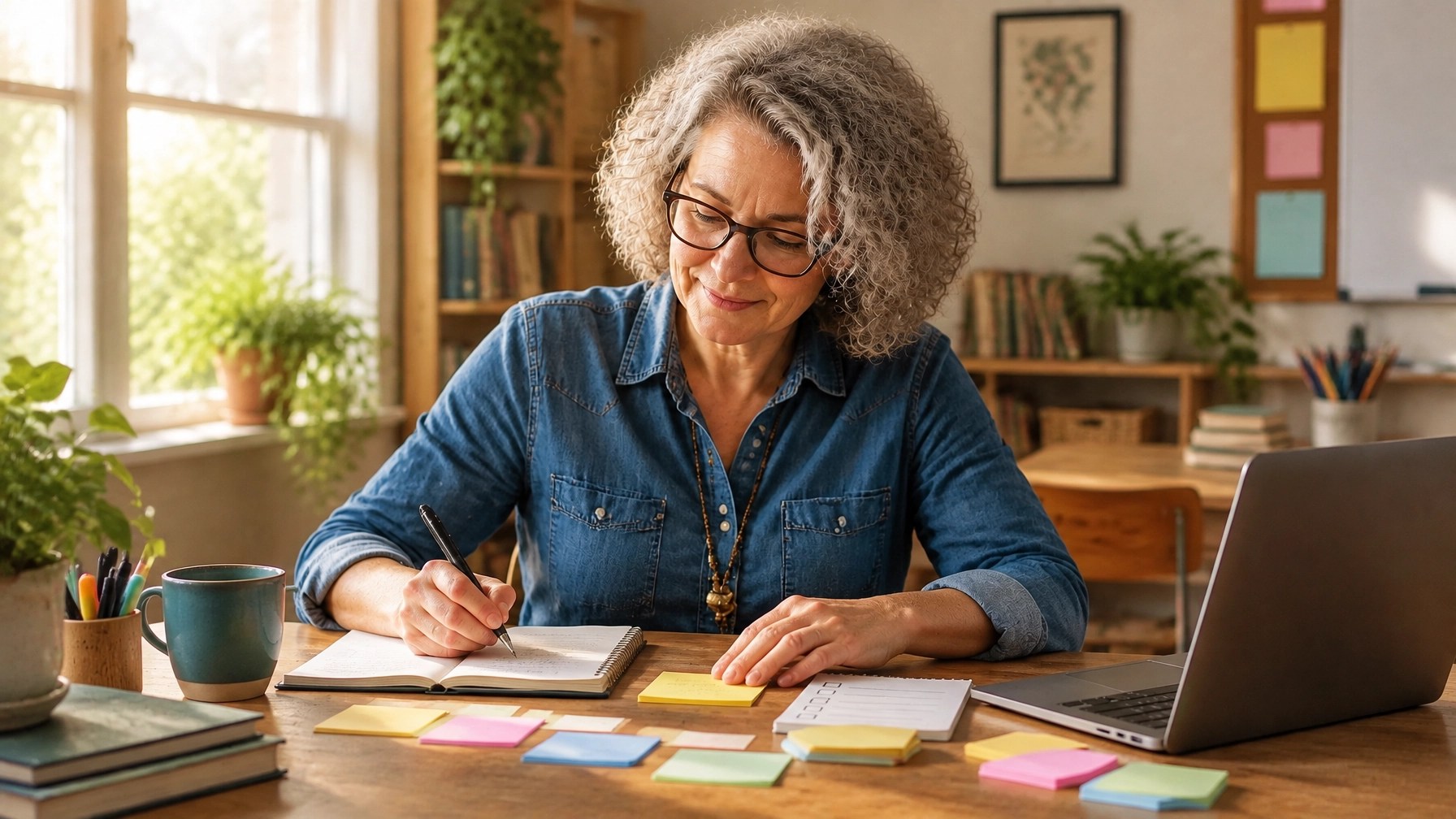Teacher using a simple planning routine with notebook and laptop