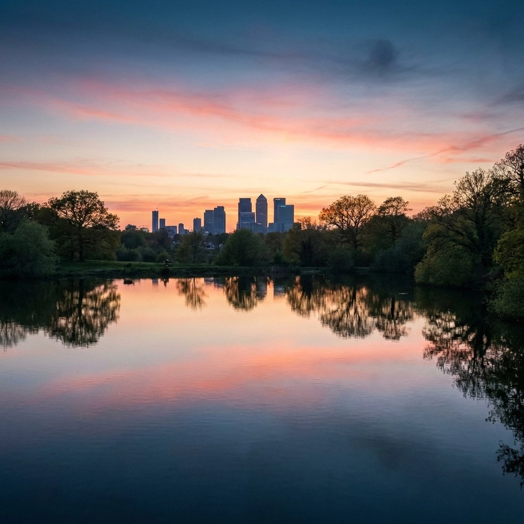 Tranquil Kent lake at sunset with London skyline, highlighting scenic and unique wedding venues.