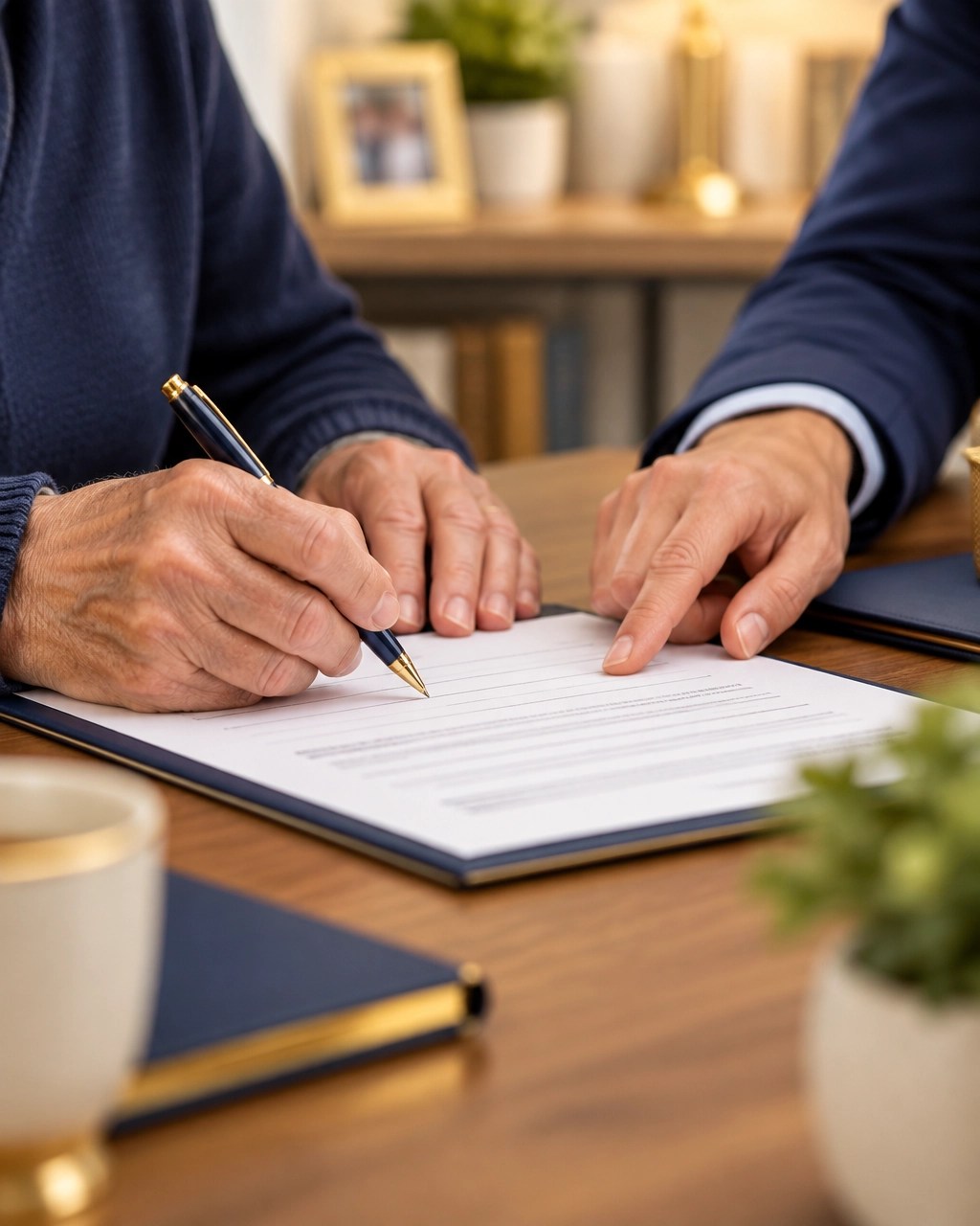 Older adult completing a beneficiary designation form with guidance from a trusted advisor