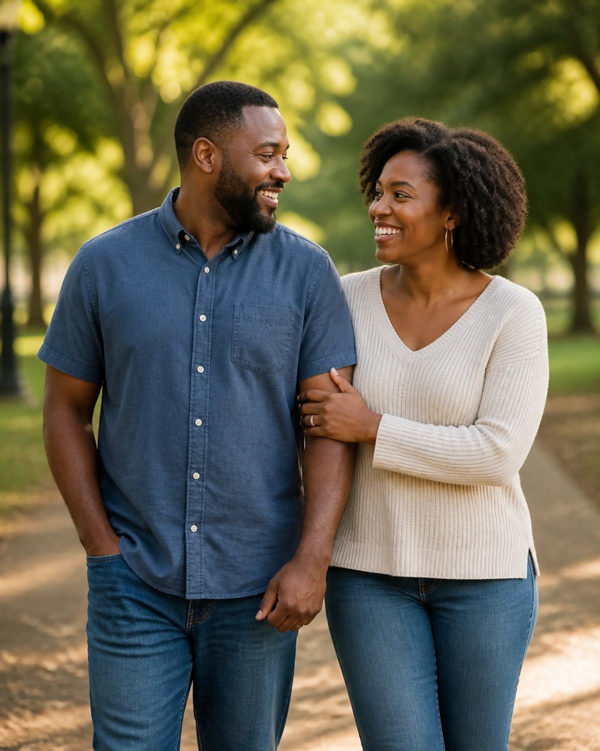 A Black couple sharing a lighthearted moment during a walk in a park, representing hope and partnership.