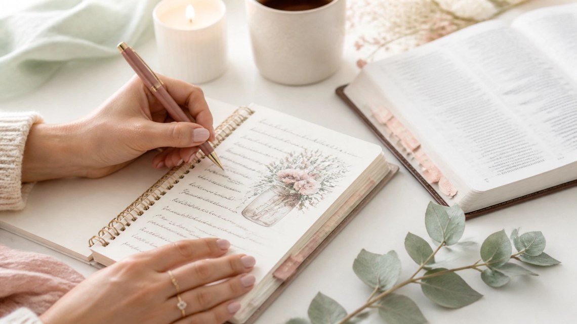 Hands writing thoughtful observations in a faith journal beside an open Bible